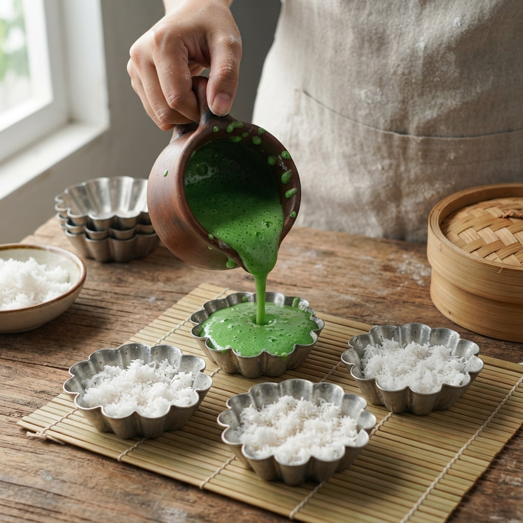 Green pandan Putu Ayu batter being poured into small flower-shaped metal molds over a bottom layer of grated coconut on a bamboo mat.