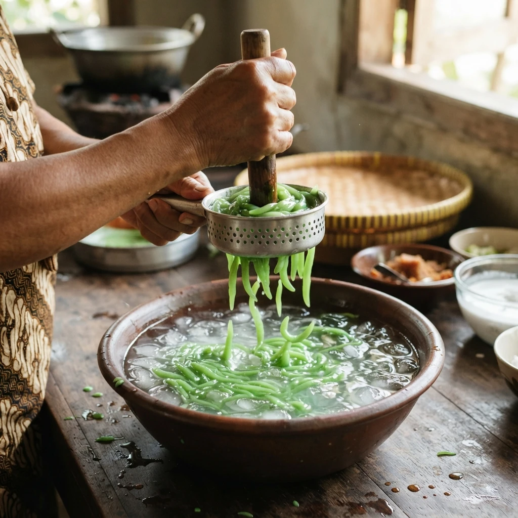 Pressing green cendol jelly strands into a bowl of ice water.