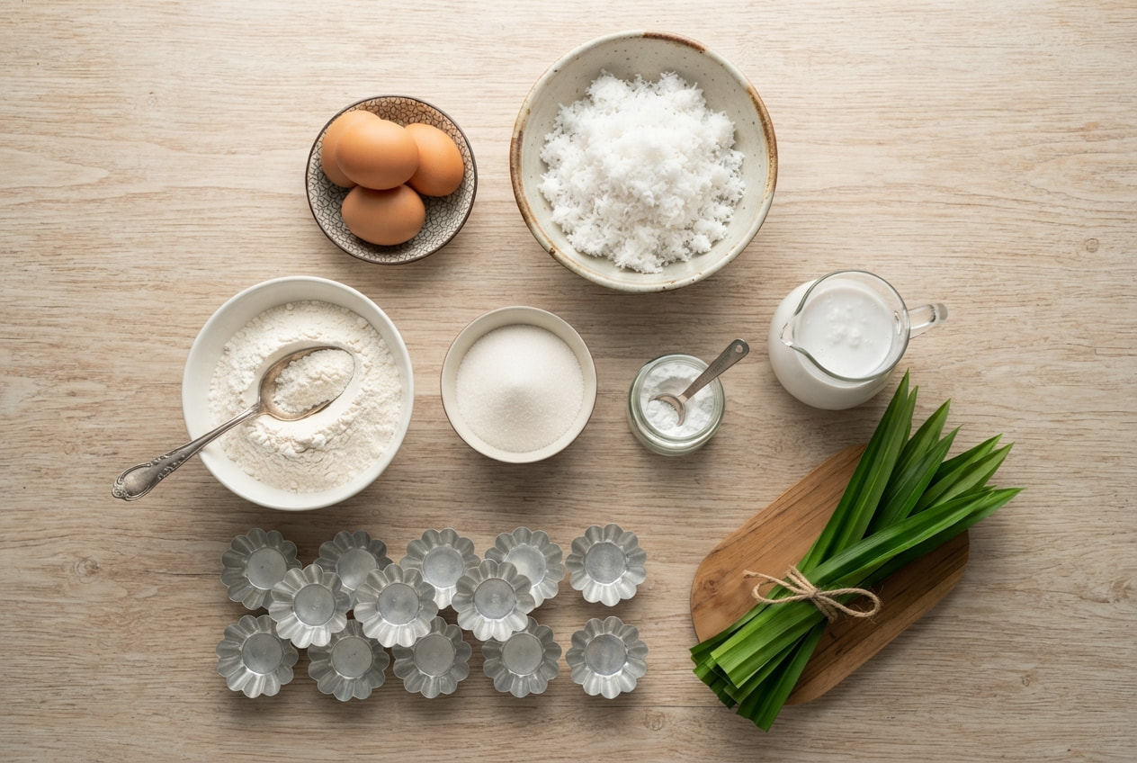 Top-down flat lay of Putu Ayu ingredients including grated coconut, pandan leaves, coconut milk, eggs, flour, sugar, baking powder, and molds on a wooden table.