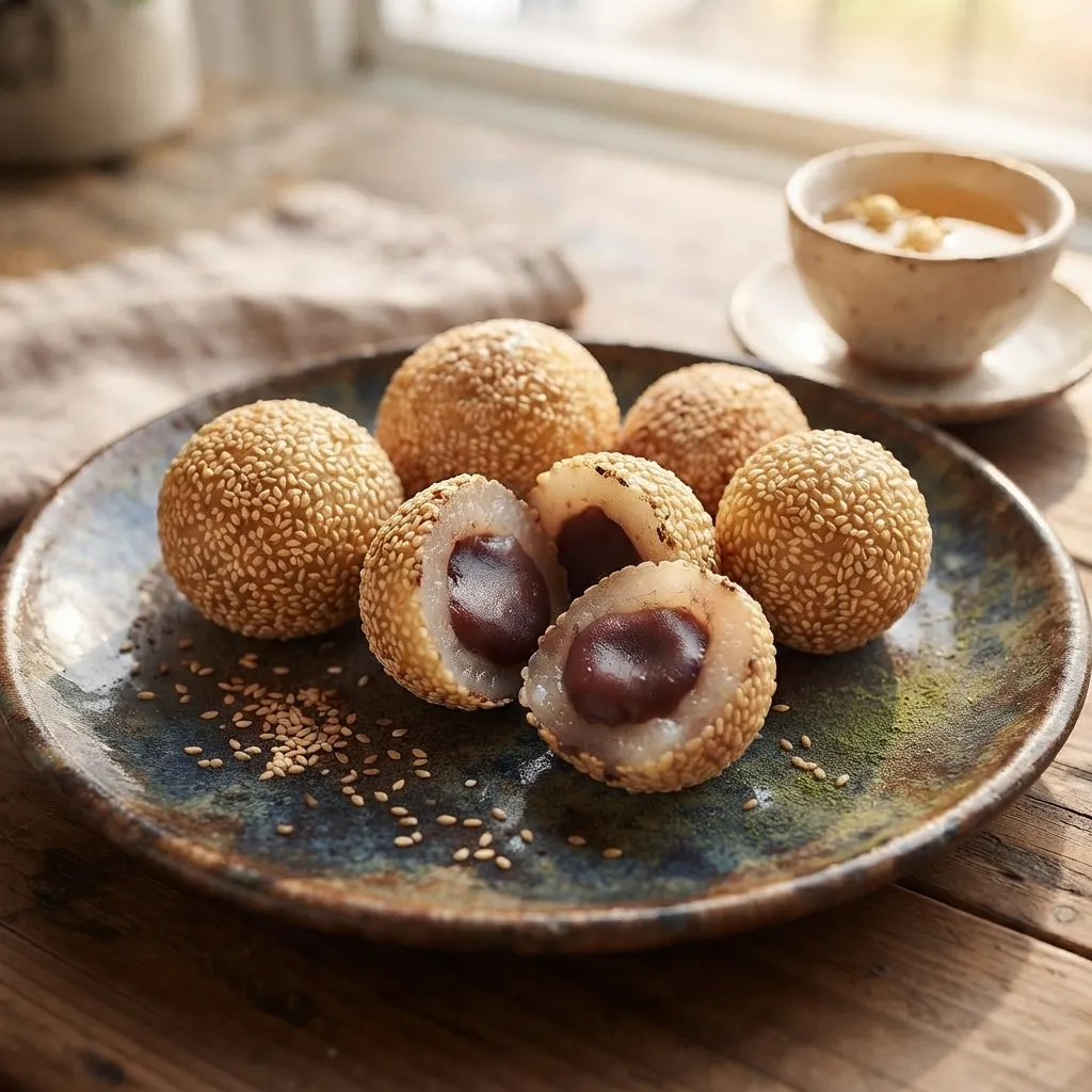 Magazine-quality food photography of authentic red bean paste onde-onde on a handmade ceramic plate with jasmine tea in warm afternoon sunlight.