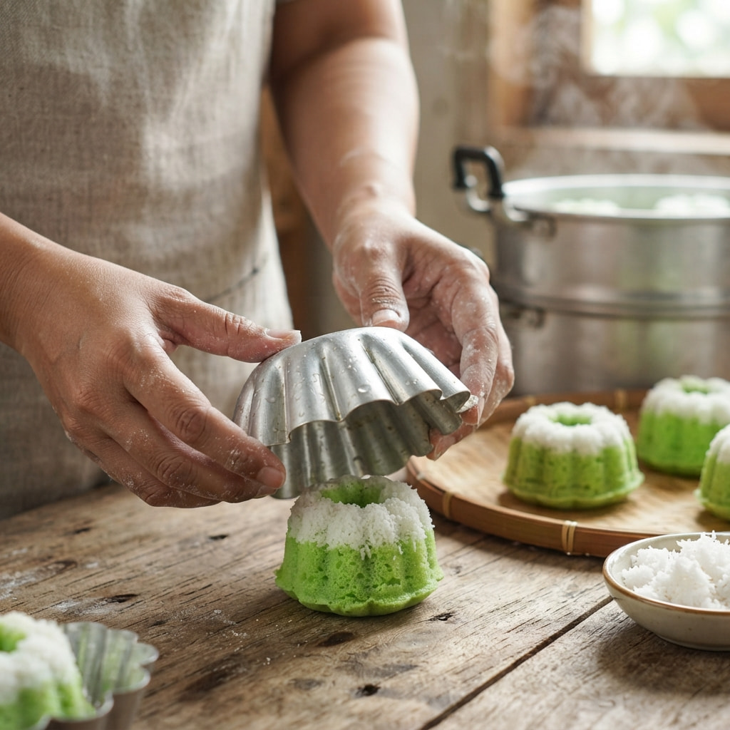 Freshly steamed green Putu Ayu cakes being carefully inverted and removed from flower-shaped molds, revealing the white grated coconut top.