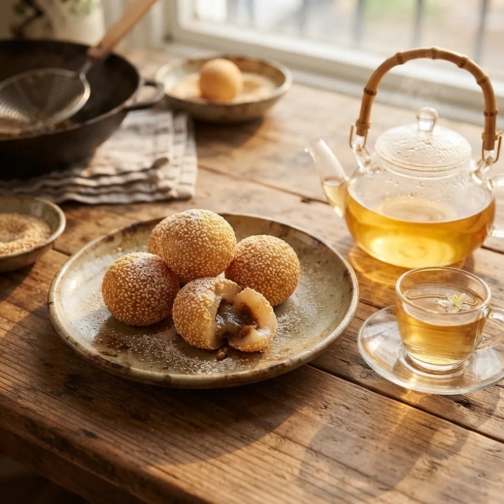 High-end food photography of a plate of freshly fried Indonesian onde-onde with hot jasmine tea in a glass teapot on a cozy wooden table.