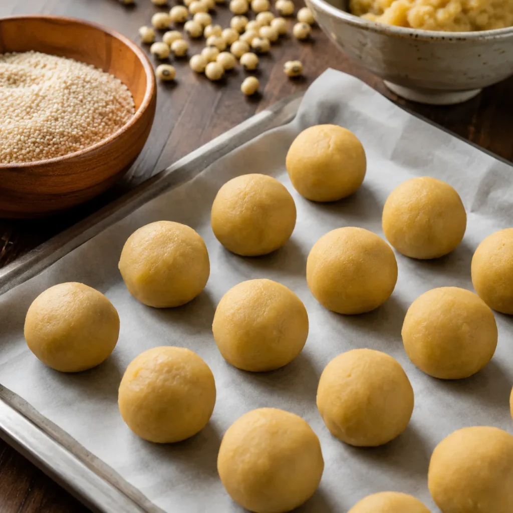 Shaping red bean paste into balls for onde-onde filling