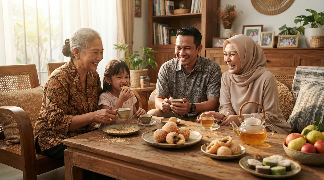 Lifestyle photography of a Southeast Asian family sharing homemade onde-onde and warm tea together in a cozy, sunlit living room setting.