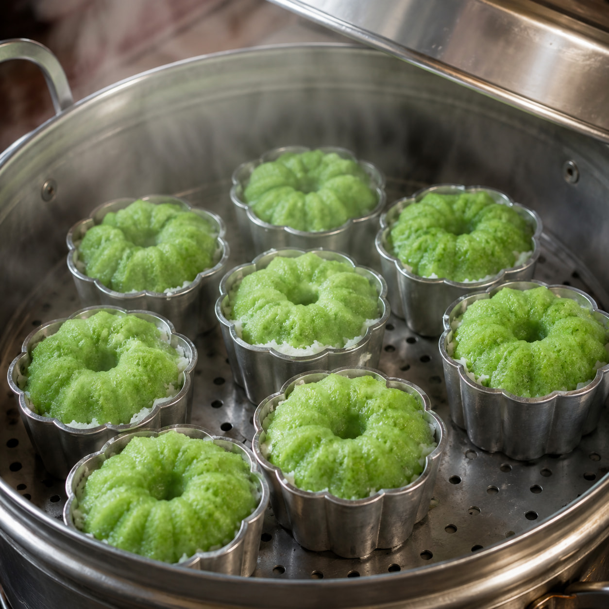 Fresh Indonesian Putu Ayu cakes steaming inside a traditional metal steamer with gentle steam rising over vibrant green flower-shaped cakes.