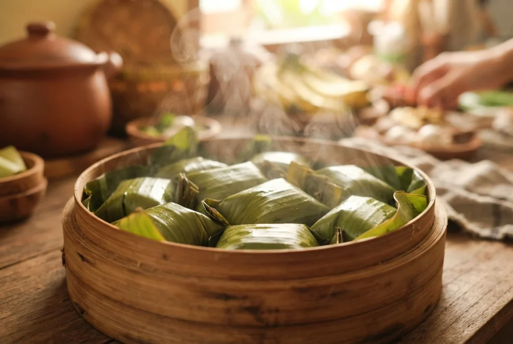 Freshly steamed Nagasari traditional cakes wrapped in banana leaves inside a bamboo steamer with natural rising steam under warm kitchen lighting.