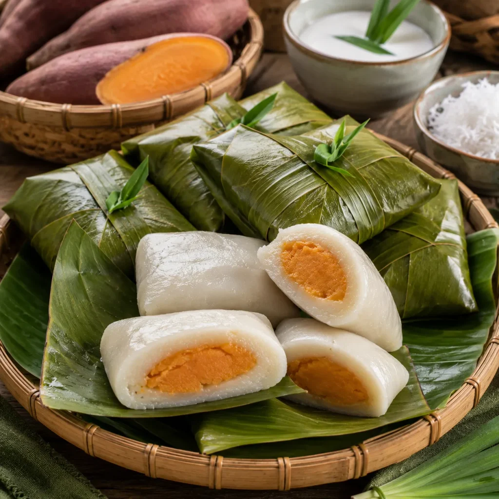 Sweet potato Nagasari with creamy coconut dough and soft orange sweet potato filling