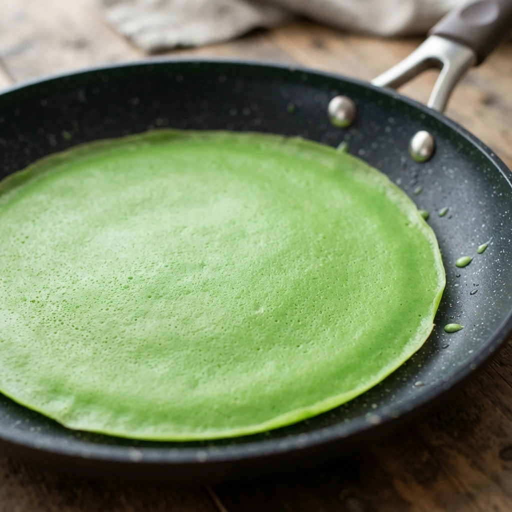 Close-up of a thin, bright green pandan crepe cooking evenly inside a non-stick skillet with a delicate textured surface.