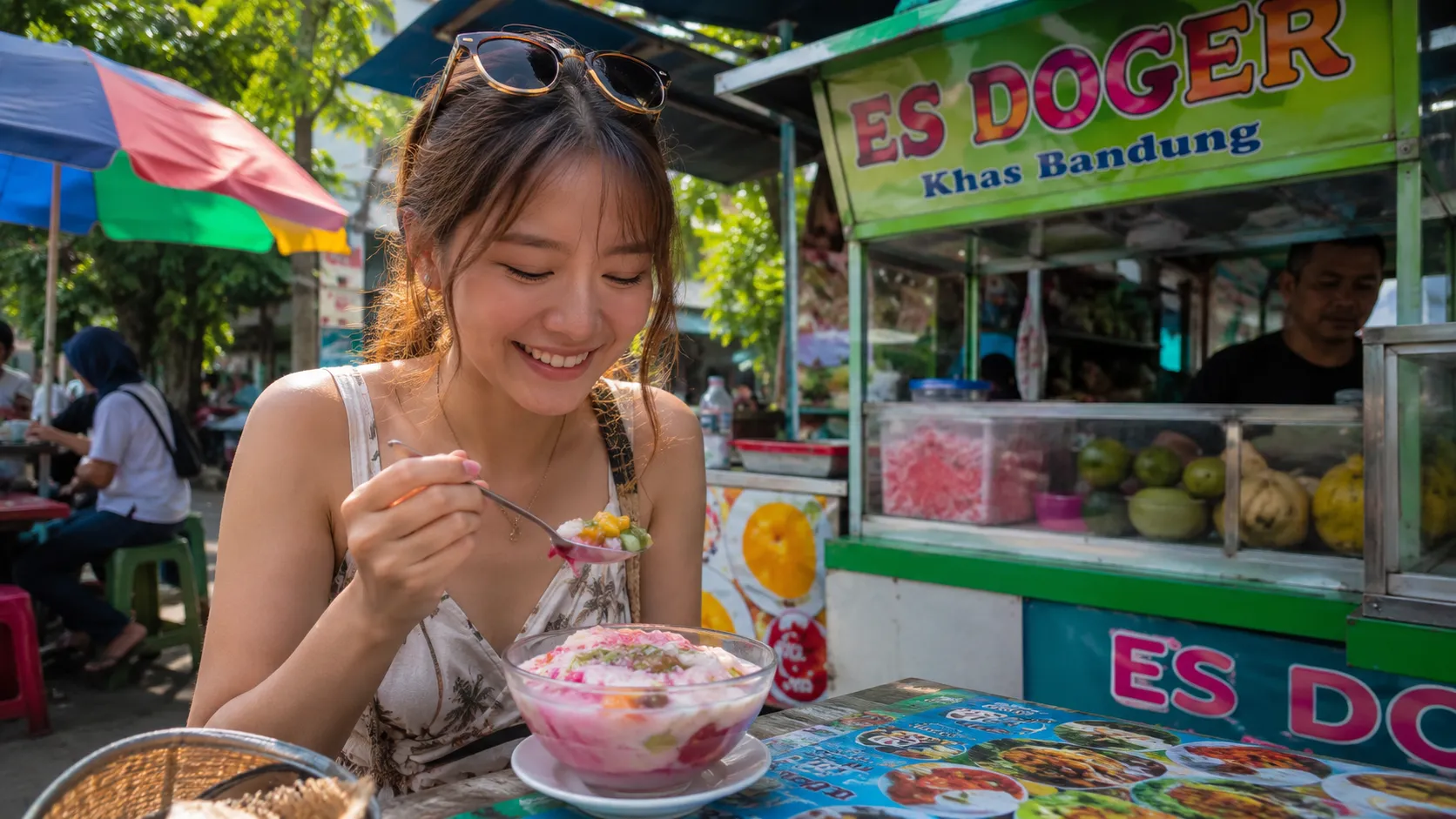 Female traveler enjoying authentic Indonesian Es Doger at a traditional street food stall in Indonesia