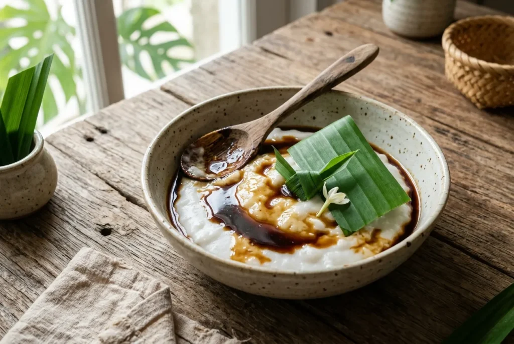 A bowl of creamy Indonesian bubur sumsum topped with glossy palm sugar syrup and a banana leaf garnish on a rustic wooden table.