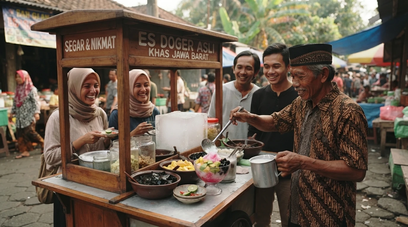 A traditional Indonesian Es Doger street vendor serving colorful bowls of Es Doger from a classic dessert cart in West Java with customers waiting happily.