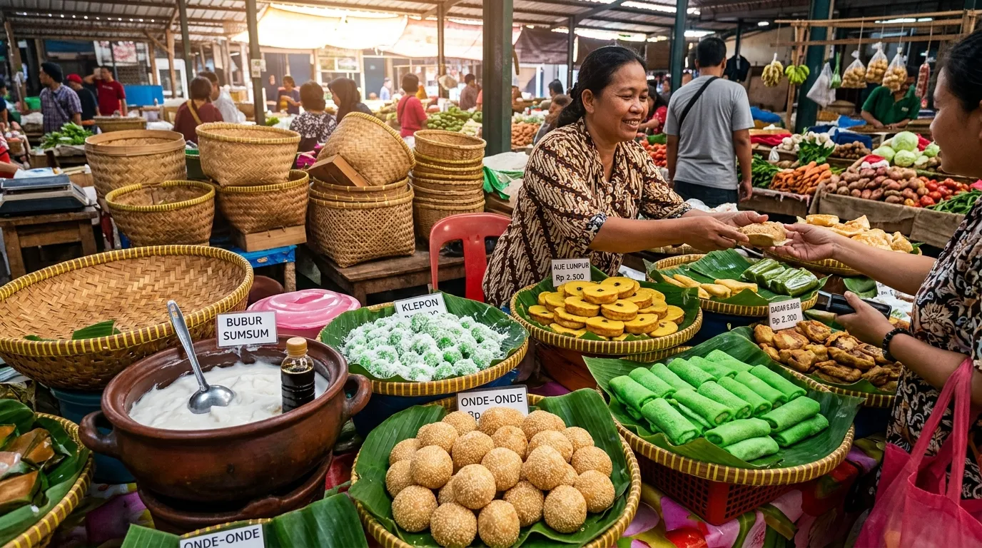 A traditional Indonesian market stall displaying bubur sumsum alongside klepon, kue lumpur, dadar gulung, and onde-onde in woven bamboo baskets.