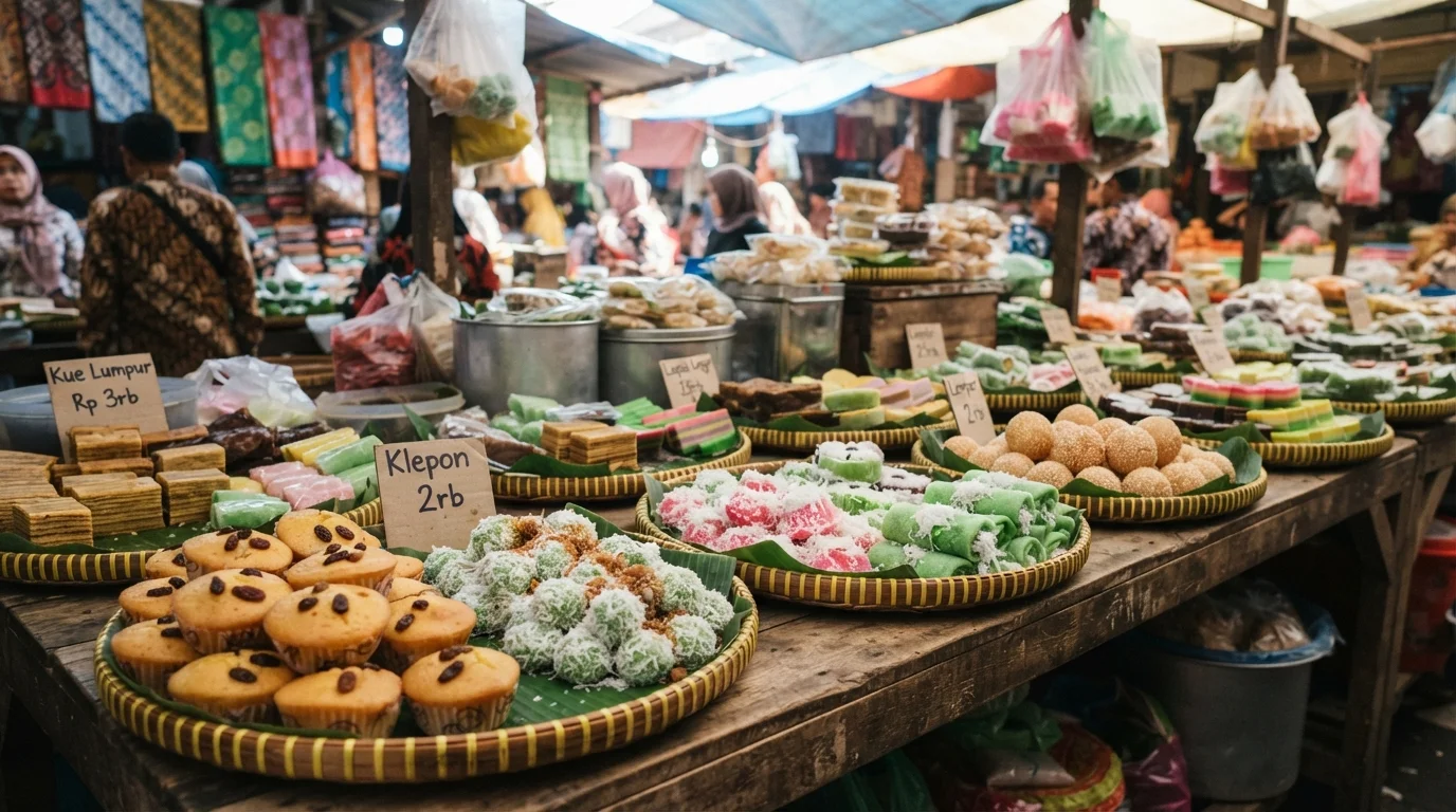Colorful Indonesian traditional market displaying Kue Lumpur alongside Klepon, Putu Ayu, Dadar Gulung, and Onde-Onde on woven bamboo trays.