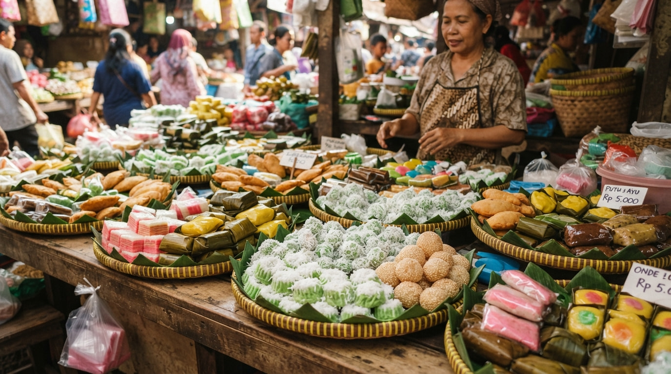 Colorful Indonesian traditional market snack display featuring Putu Ayu, Klepon, and Onde-Onde arranged on woven bamboo trays in an authentic market atmosphere.