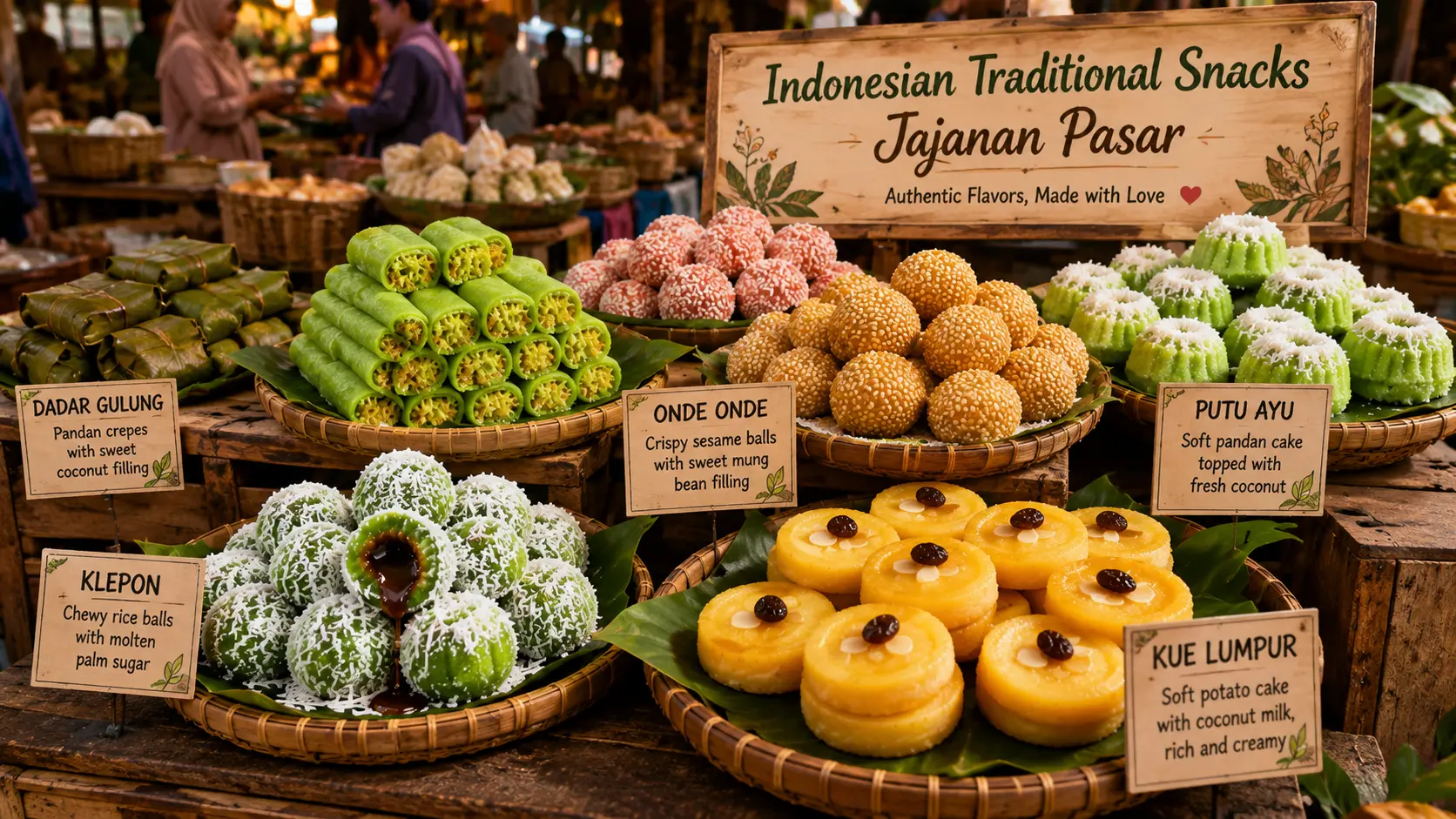 Traditional Indonesian market stall displaying authentic jajanan pasar including klepon, onde onde, putu ayu, dadar gulung, and kue lumpur.