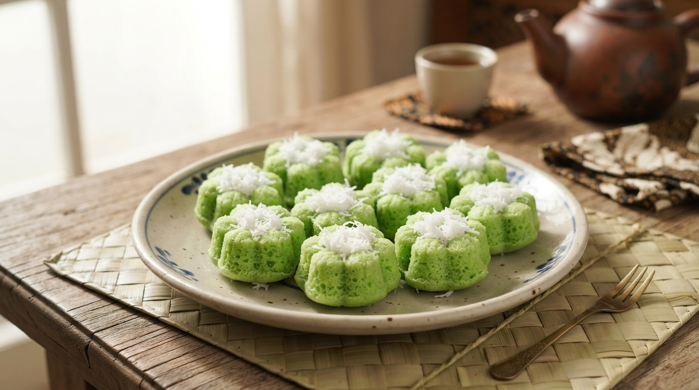 Fresh homemade Indonesian Putu Ayu cakes arranged beautifully on a traditional ceramic plate with a cup of tea and a batik napkin in a cozy setting.