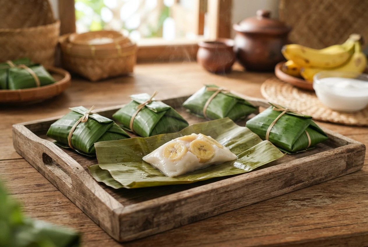 Several freshly made Nagasari wrapped in banana leaves with one opened to showcase the creamy white coconut pudding and ripe banana inside on a wooden serving tray.