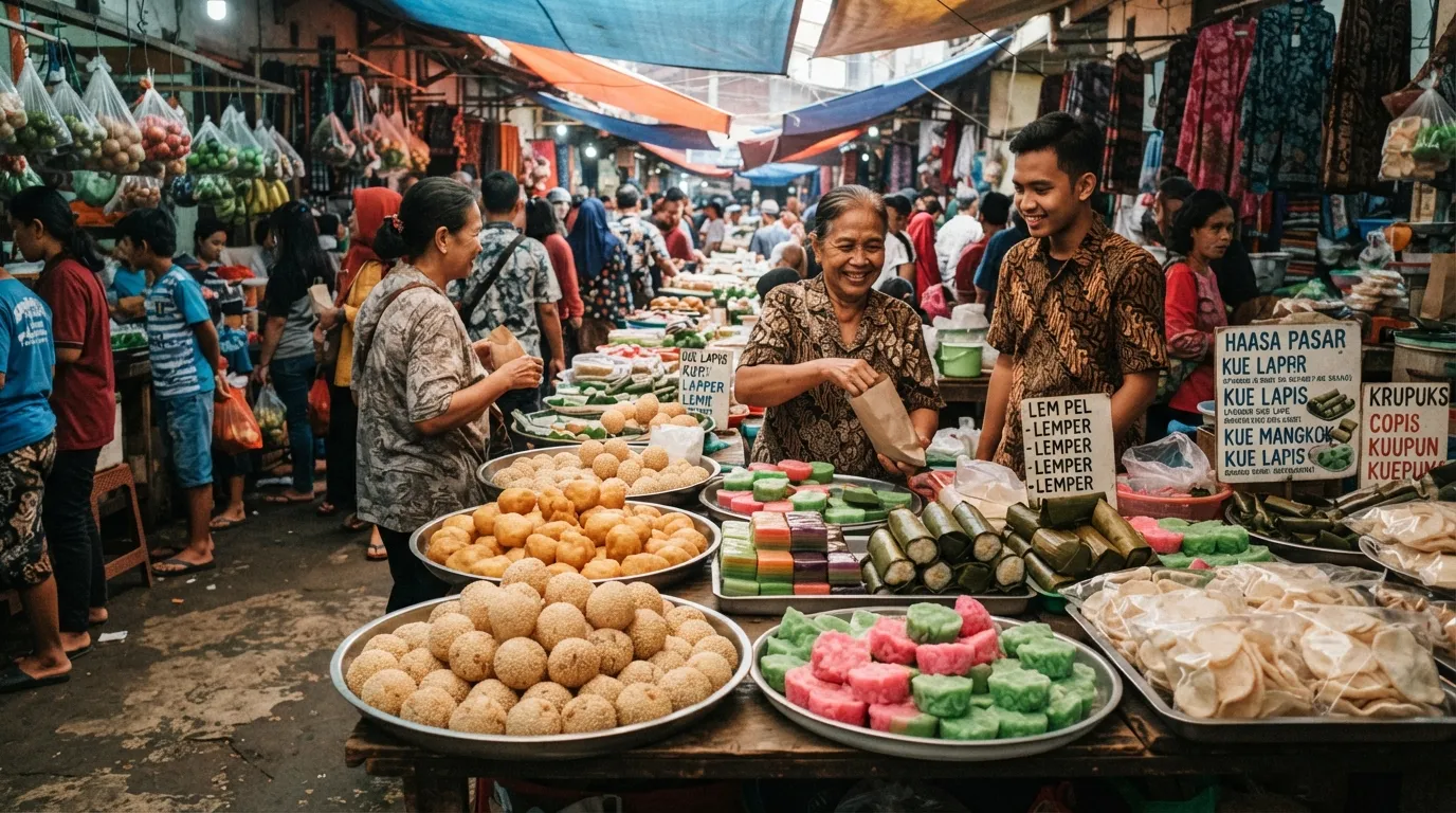 Documentary-style photography of a vibrant Indonesian traditional market displaying trays of freshly made onde-onde and colorful snacks with local vendors.
