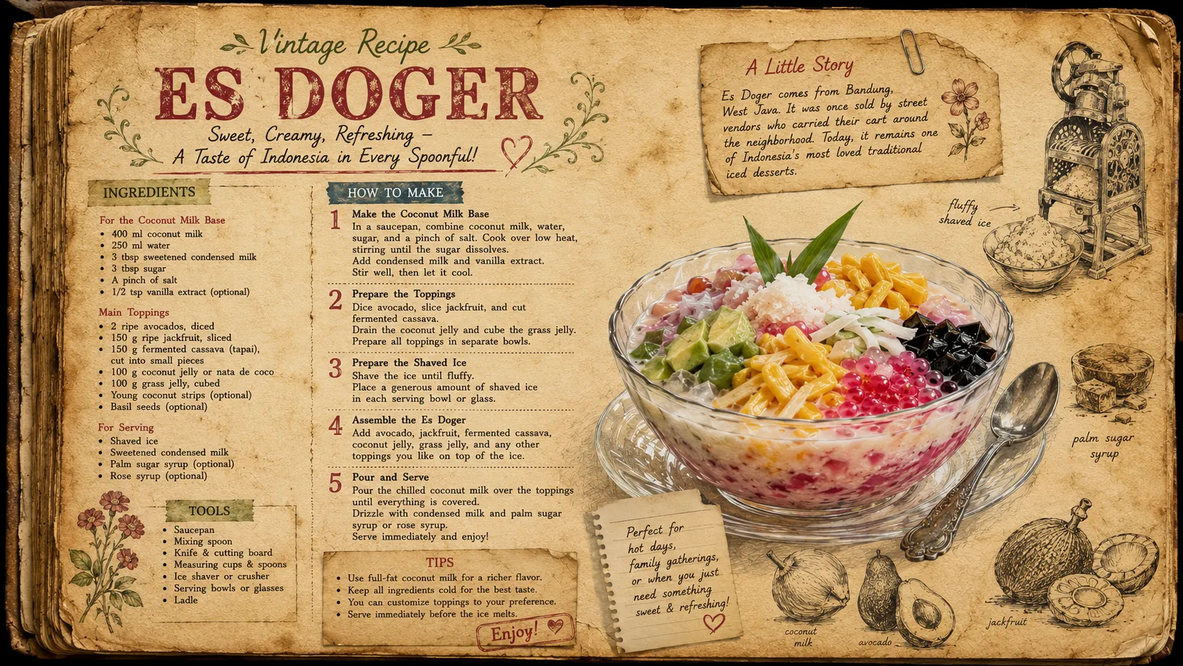 Vintage recipe book page featuring authentic Indonesian Es Doger with ingredients and preparation steps