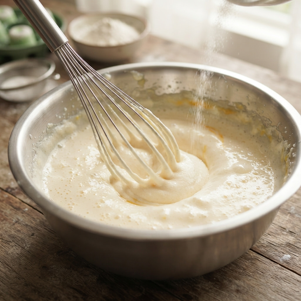 Eggs and sugar being whisked into a pale, fluffy mixture inside a stainless steel mixing bowl for making Indonesian Putu Ayu cake.