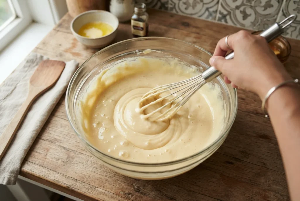 Overhead angle of thick creamy Kue Lumpur batter being whisked inside a glass mixing bowl, showcasing a silky texture.