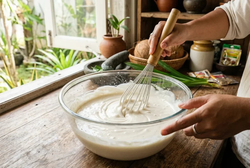 A glass mixing bowl filled with smooth white rice flour mixture being whisked with creamy coconut milk in a bright Indonesian kitchen.