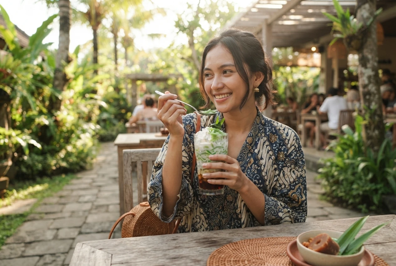 Smiling Indonesian woman enjoying es cendol outdoors.
