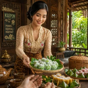 Beautiful Southeast Asian woman in batik attire serving authentic Indonesian Klepon