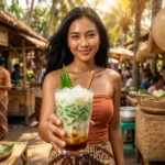 Indonesian woman in traditional kemben offering a prominent glass of es cendol.