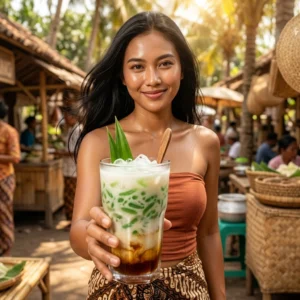 Indonesian woman in traditional kemben offering a prominent glass of es cendol.