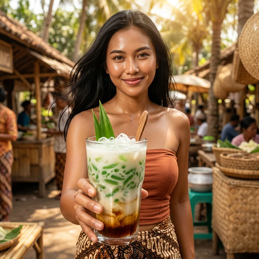 Indonesian woman in traditional kemben offering a prominent glass of es cendol.