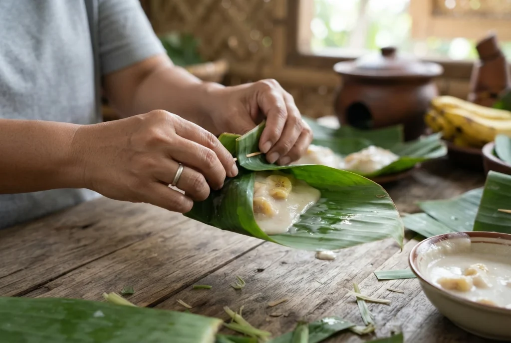 Hands wrapping creamy banana pudding and slices inside fresh green banana leaves on a wooden table, showcasing the Indonesian traditional cooking process in a close-up shot.