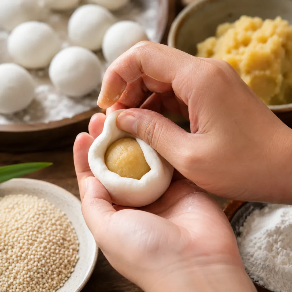 Wrapping red bean paste with onde-onde dough and shaping it into a smooth ball